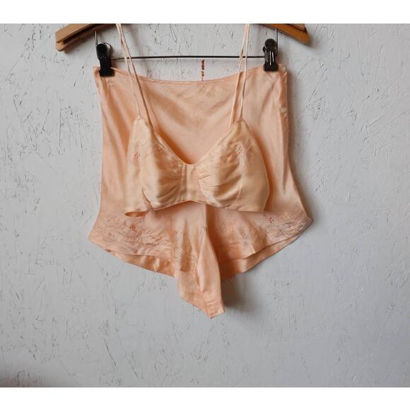 none Other - Antique Peach silk lingerie set, 2 pc. wedding trousseau, hand embroidery